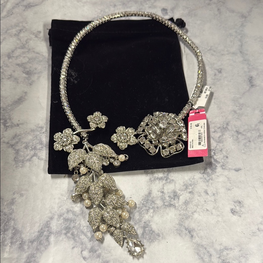 Betsey Johnson Silver Floral Crystal Necklace